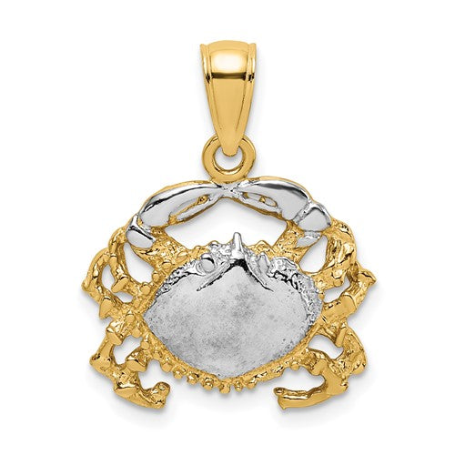 14K gold crab charm with white rhodium polishing, pendant style jewelry piece from Solomon Jewelers.