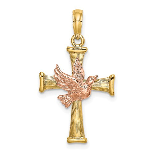 14k-two-tone-textured-finish-cross-w-dove-charm-SolomonJeweler-Wichita-KS-CustomJewelry
