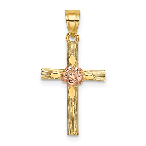 14k-two-tone-textured-cross-w-flower-charm-SolomonJeweler-Wichita-KS-CustomJewelry