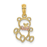 Gold pendant featuring a two-tone cut-out teddy bear with a bow tie charm, crafted by Solomon Jewelers.