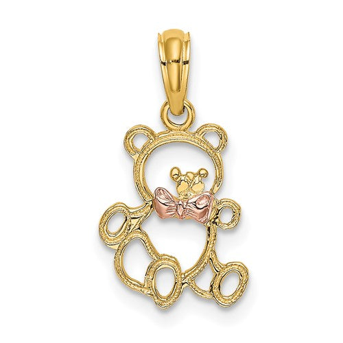 Gold pendant featuring a two-tone cut-out teddy bear with a bow tie charm, crafted by Solomon Jewelers.