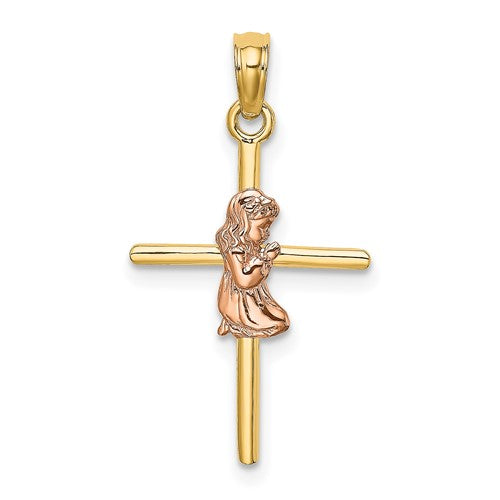 14k-two-tone-2-d-girl-on-cross-charm-SolomonJeweler-Wichita-KS-CustomJewelry