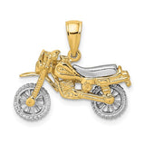 14k two-tone gold dirt bike motorcycle charm with 3D moveable parts, crafted by Solomon Jewelers.