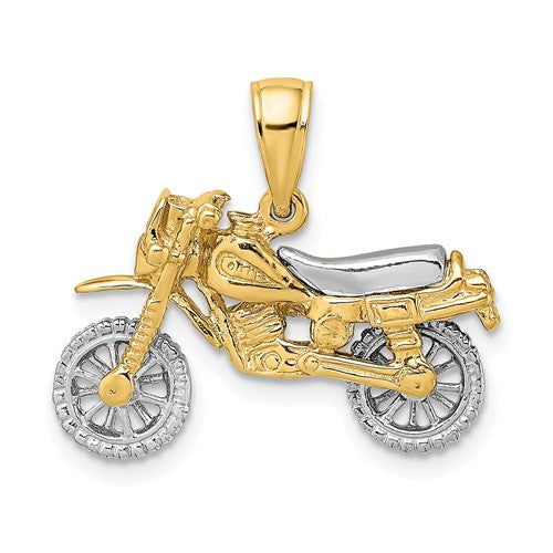 14k two-tone gold dirt bike motorcycle charm with 3D moveable parts, crafted by Solomon Jewelers.