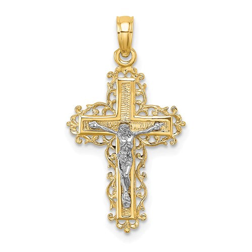14k-w-rhodium-textured-lace-trim-crucifix-charm-SolomonJeweler-Wichita-KS-CustomJewelry