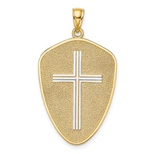14k-w-rhodium-cross-shield-w-joshua-1-9-on-reverse-charm-SolomonJeweler-Wichita-KS-CustomJewelry