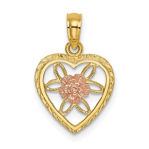 14k two-tone gold heart charm with an embedded flower design, ideal for necklaces or bracelets. Solomon Jewelers jewelry.