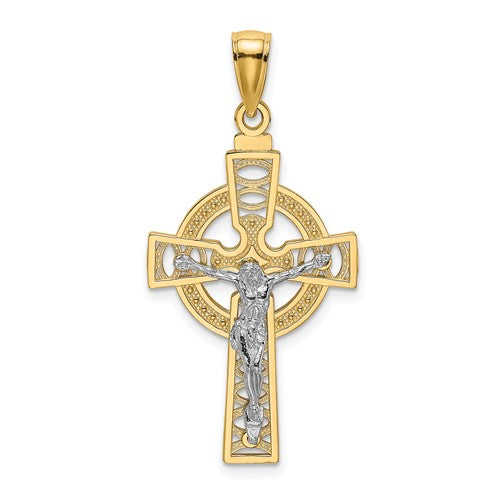 14k-two-tone-celtic-crucifix-w-eternity-circle-charm-SolomonJeweler-Wichita-KS-CustomJewelry