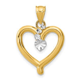 14k gold pendant with a rhodium-plated diamond-cut heart charm, featuring intricate detailing and fine craftsmanship.