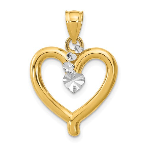 14k gold pendant with a rhodium-plated diamond-cut heart charm, featuring intricate detailing and fine craftsmanship.