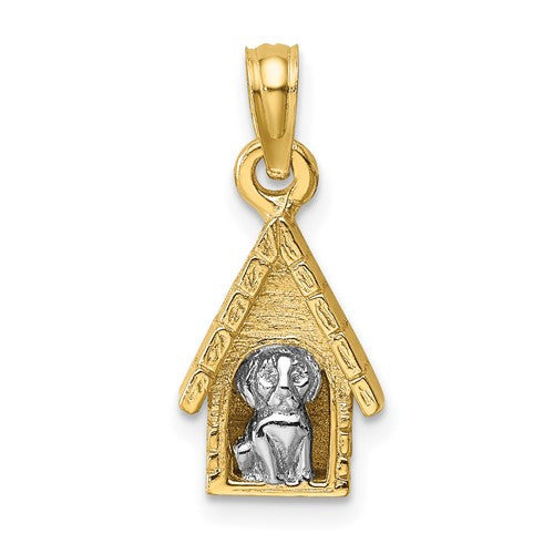 14k two-tone gold dog charm featuring a 3D dog inside a dog house, ideal for pendant or charm jewelry.