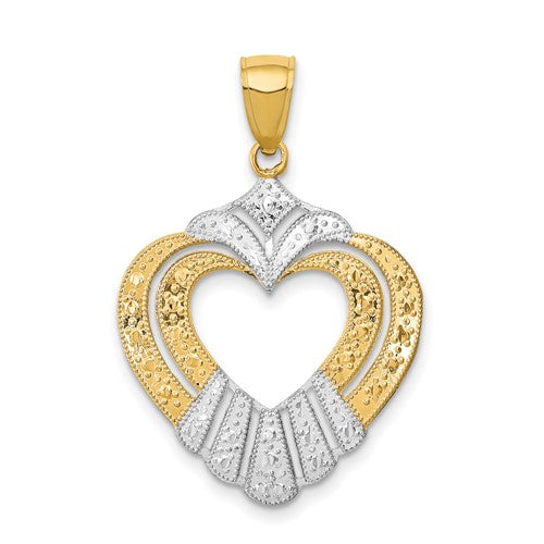 14k gold pendant with rhodium-plated cut-out heart charm, featuring delicate detailing, from Solomon Jewelers' gold pendants collection.