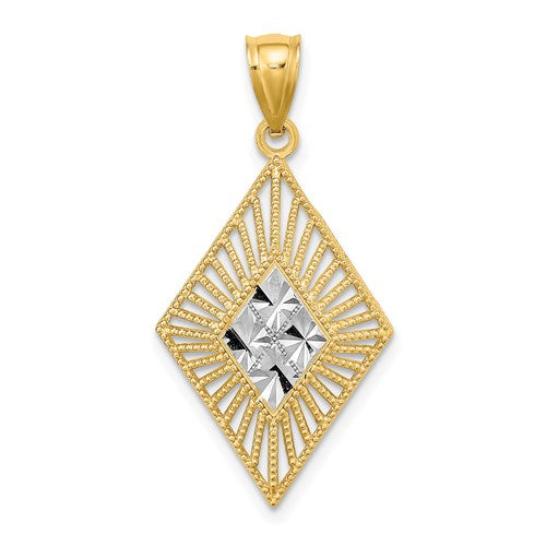 14K gold pendant with rhodium-plated diamond-shaped charm, featuring sparkling diamond accents, from Solomon Jewelers.