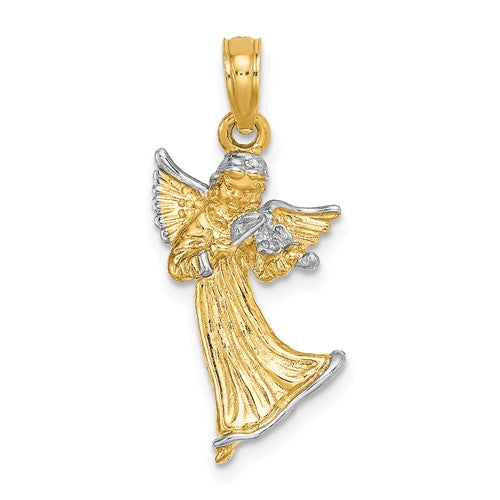 14k white rhodium angel playing violin charm, gold pendant with intricate 3D design, ideal for jewelry and charm collections