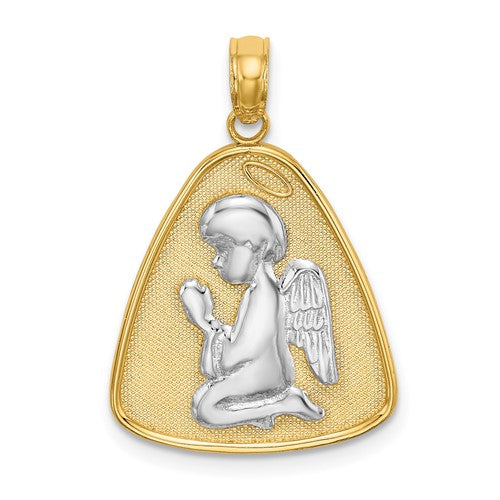 14k-w-rhodium-angel-praying-w-halo-on-triangle-disc-SolomonJeweler-Wichita-KS-CustomJewelry