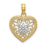14k gold rhodium-plated heart and flower filigree charm pendant with textured design, crafted by Solomon Jewelers.