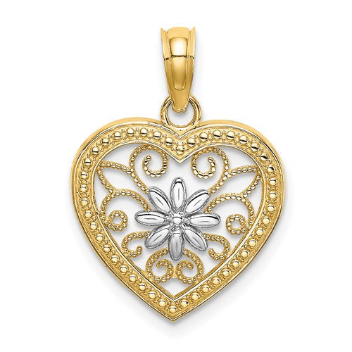 14k gold rhodium-plated heart and flower filigree charm pendant with textured design, crafted by Solomon Jewelers.