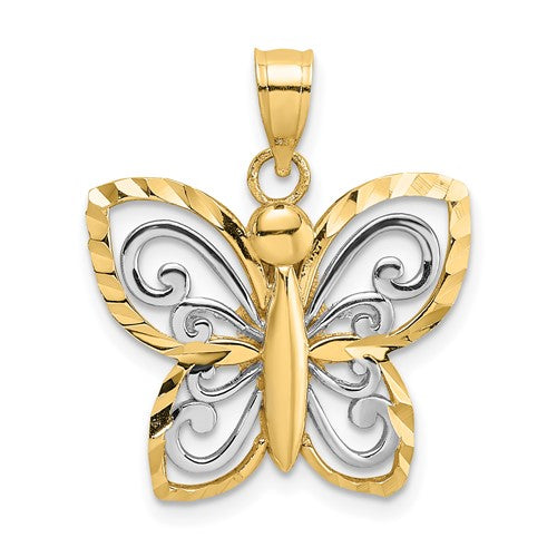 14k gold rhodium-plated butterfly charm with diamond-cut details, perfect as a pendant or charm from Solomon Jewelers.