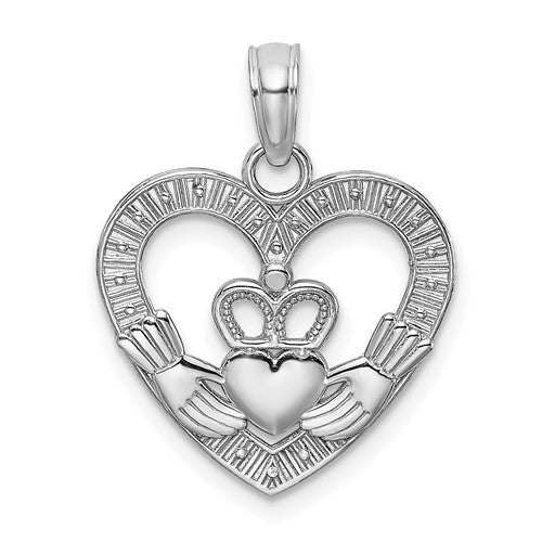 14k-white-gold-polished-textured-heart-claddagh-charm-SolomonJeweler-Wichita-KS-CustomJewelry