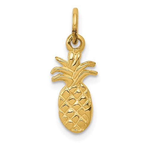 14k polished gold pineapple charm pendant from Solomon Jewelers, featuring a detailed tropical fruit design.
