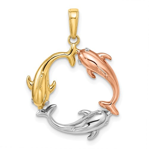 14k-tri-color-triple-dolphin-circle-pendant-SolomonJeweler-Wichita-KS-CustomJewelry