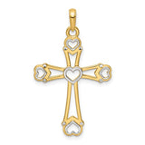 14K gold rhodium-plated cross pendant with heart accents, designed for necklaces, by Solomon Jewelers.