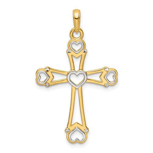 14K gold rhodium-plated cross pendant with heart accents, designed for necklaces, by Solomon Jewelers.