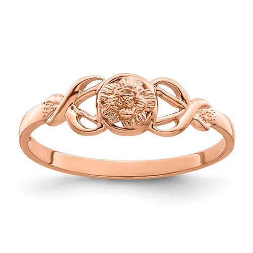 14k rose gold polished flower ring featuring intricate floral design, crafted by Solomon Jewelers for elegant jewelry style.