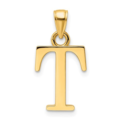 14K polished gold letter T pendant from Solomon Jewelers, featuring a sleek and shiny design for elegant jewelry.