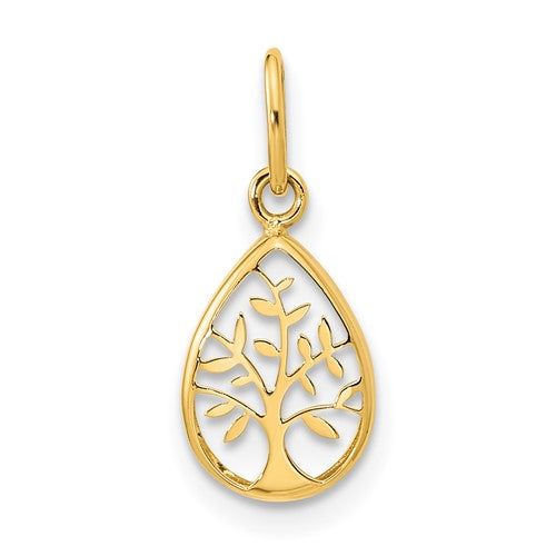 14K gold teardrop Tree of Life pendant featuring polished finish, crafted by Solomon Jewelers, displayed on a jewelry display.