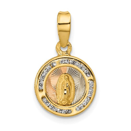 14k-rose-and-white-rhodium-polished-cz-mary-round-pendant-SolomonJeweler-Wichita-KS-CustomJewelry