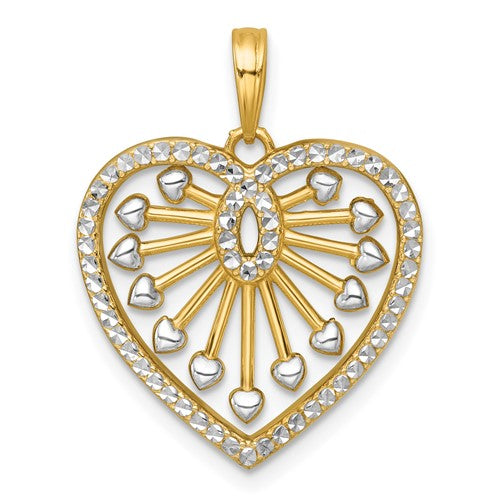 14k gold pendant with white rhodium polished fancy heart charm, featuring intricate design, from Solomon Jewelers.