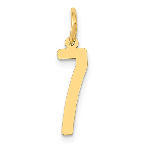 14k gold small elongated number 7 charm, perfect for jewelry, from Solomon Jewelers, showcasing detailed craftsmanship.