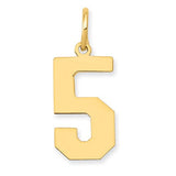 14k gold polished number 5 charm from Solomon Jewelers, featuring a sleek, shiny pendant suitable for jewelry customization.