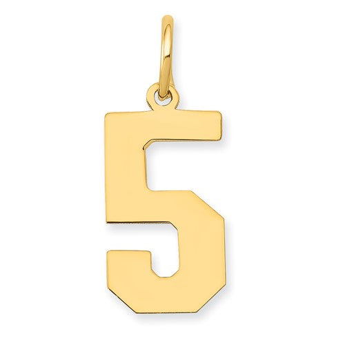 14k gold polished number 5 charm from Solomon Jewelers, featuring a sleek, shiny pendant suitable for jewelry customization.