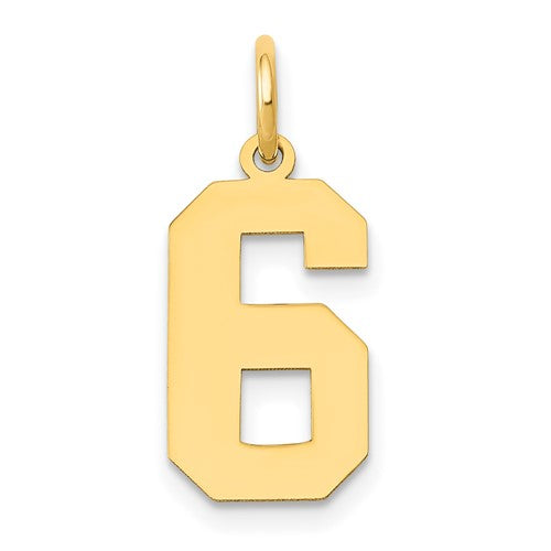 14k gold polished number 6 charm, medium size, jewelry pendant with a shiny finish, ideal for charm bracelets or necklaces.
