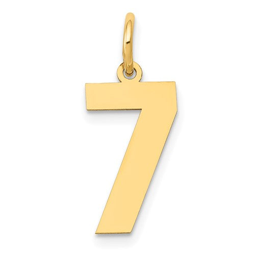 14k gold polished number 7 charm with a smooth finish, suitable as a pendant or charm for jewelry, by Solomon Jewelers.