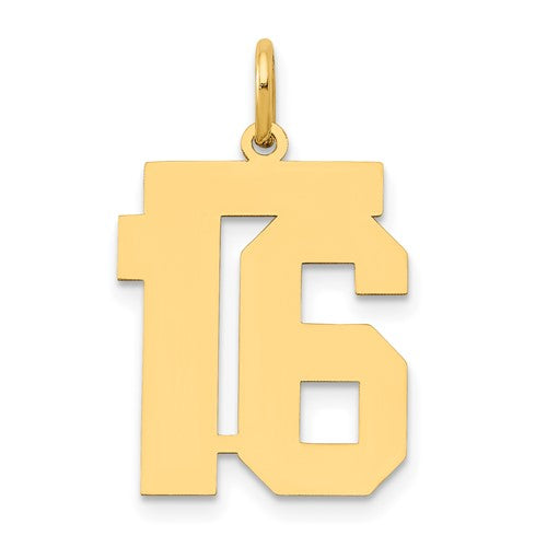 14k gold polished number 16 charm, medium size pendant from Solomon Jewelers, featuring a smooth, shiny finish.