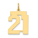 14k gold polished number 21 charm, medium size, jewelry pendant with a shiny finish from Solomon Jewelers.