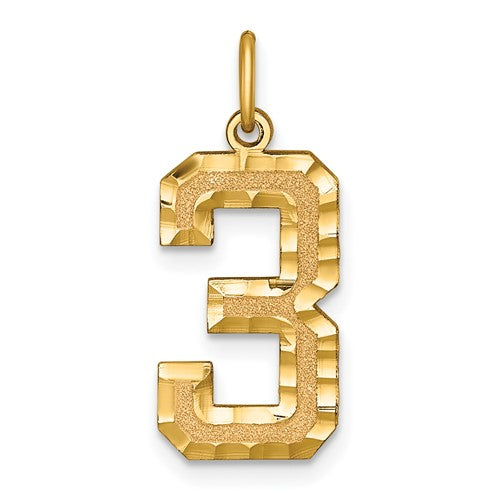 14k gold large brushed number 3 charm with diamond-cut details, suitable as a pendant or charm from Solomon Jewelers.