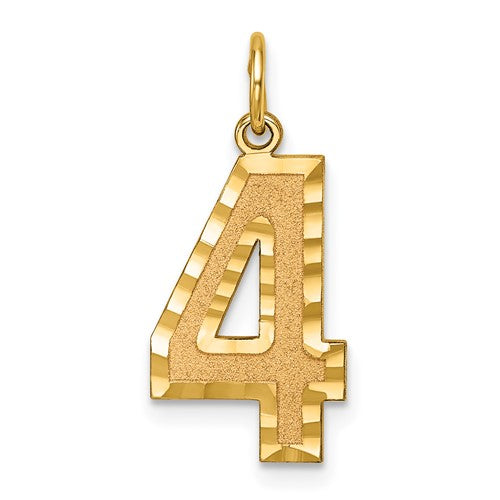 Gold pendant charm with a brushed finish and diamond-cut number 4 design, crafted by Solomon Jewelers.