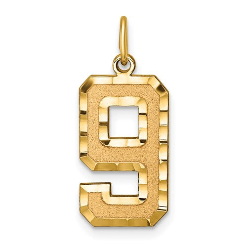 Large 14k gold brushed diamond-cut number 9 charm, pendant for jewelry, showcasing detailed craftsmanship and elegant design.