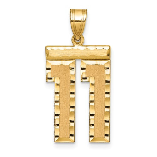 Large 14k gold brushed diamond-cut number 11 charm pendant from Solomon Jewelers featuring a bold, stylish design.