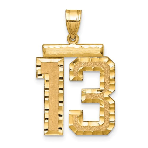 14k gold pendant with large brushed diamond-cut number 13 charm, designed for necklaces or bracelets.