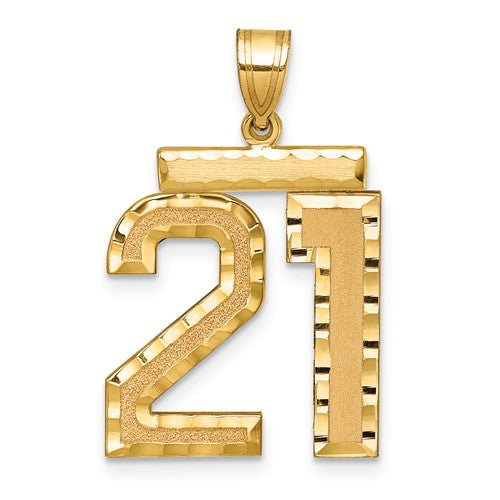 Large 14k gold brushed diamond-cut number 21 charm pendant with a stylish and modern design from Solomon Jewelers.