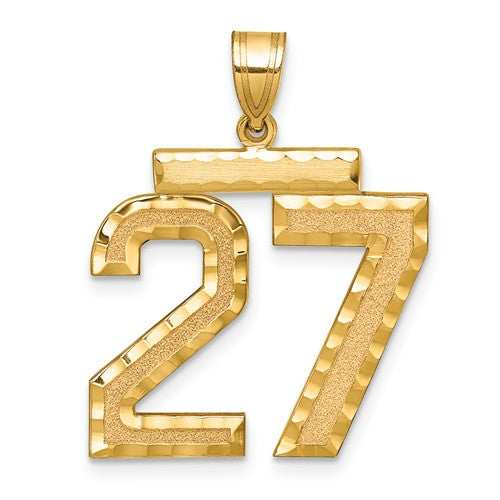 14k gold pendant with large brushed diamond-cut number 27 charm, designed for jewelry and charm collection.