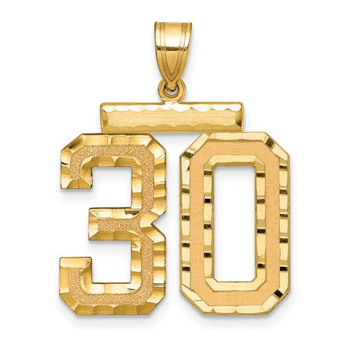 14k gold large brushed diamond-cut number 30 charm pendant, jewelry piece with bold style and shiny finish.