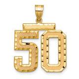14k gold pendant with brushed finish and diamond-cut number 50 charm, jewelry by Solomon Jewelers.