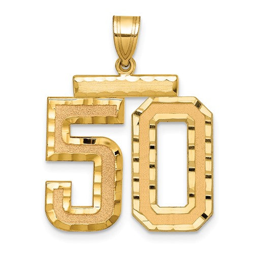 14k gold pendant with brushed finish and diamond-cut number 50 charm, jewelry by Solomon Jewelers.