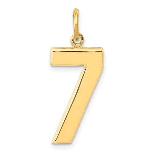 14k gold large polished number 7 charm pendant, shiny and smooth jewelry accessory from Solomon Jewelers.
